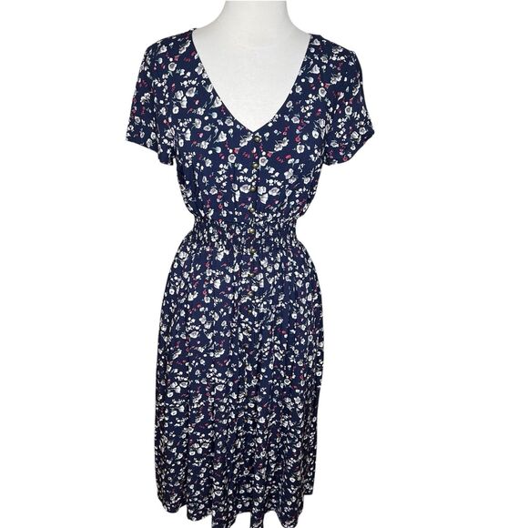 ModCloth A Line Midi Dress Womens Size Medium Blue Floral Smocked Waist Feminine - Picture 1 of 10